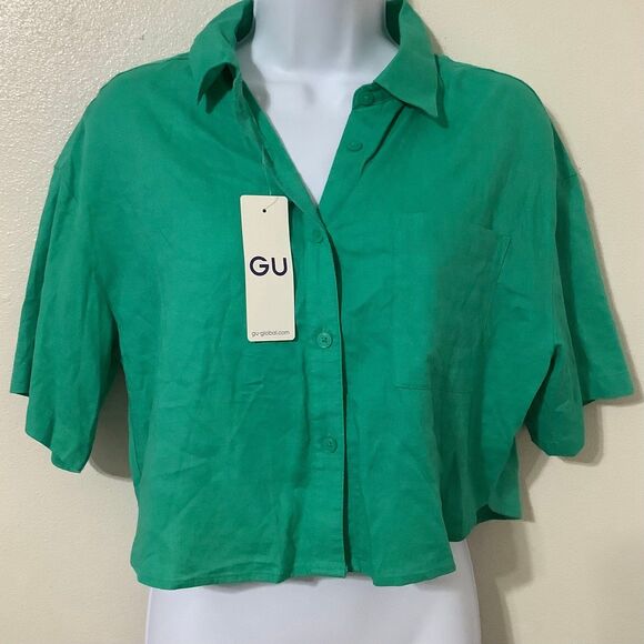 NWT GU Retro Minimalist Clean Girl Green Linen Blend Cropped Button Up Top Small - Picture 1 of 11